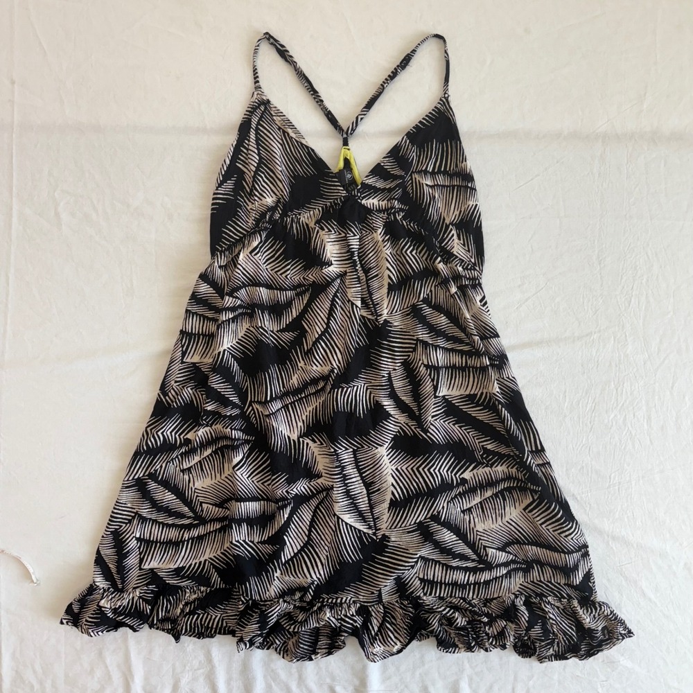 Volcom‎ Dress Girls L(10) Black Tan Leaf Print Ruffle Hem Sleeveless Casual